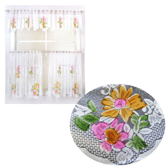 3 Pce Cafe Blooms Lace Kitchen Curtain Set V442-BZO-CURTAIN-3PCEBLOOMS3521-WHITE-RE