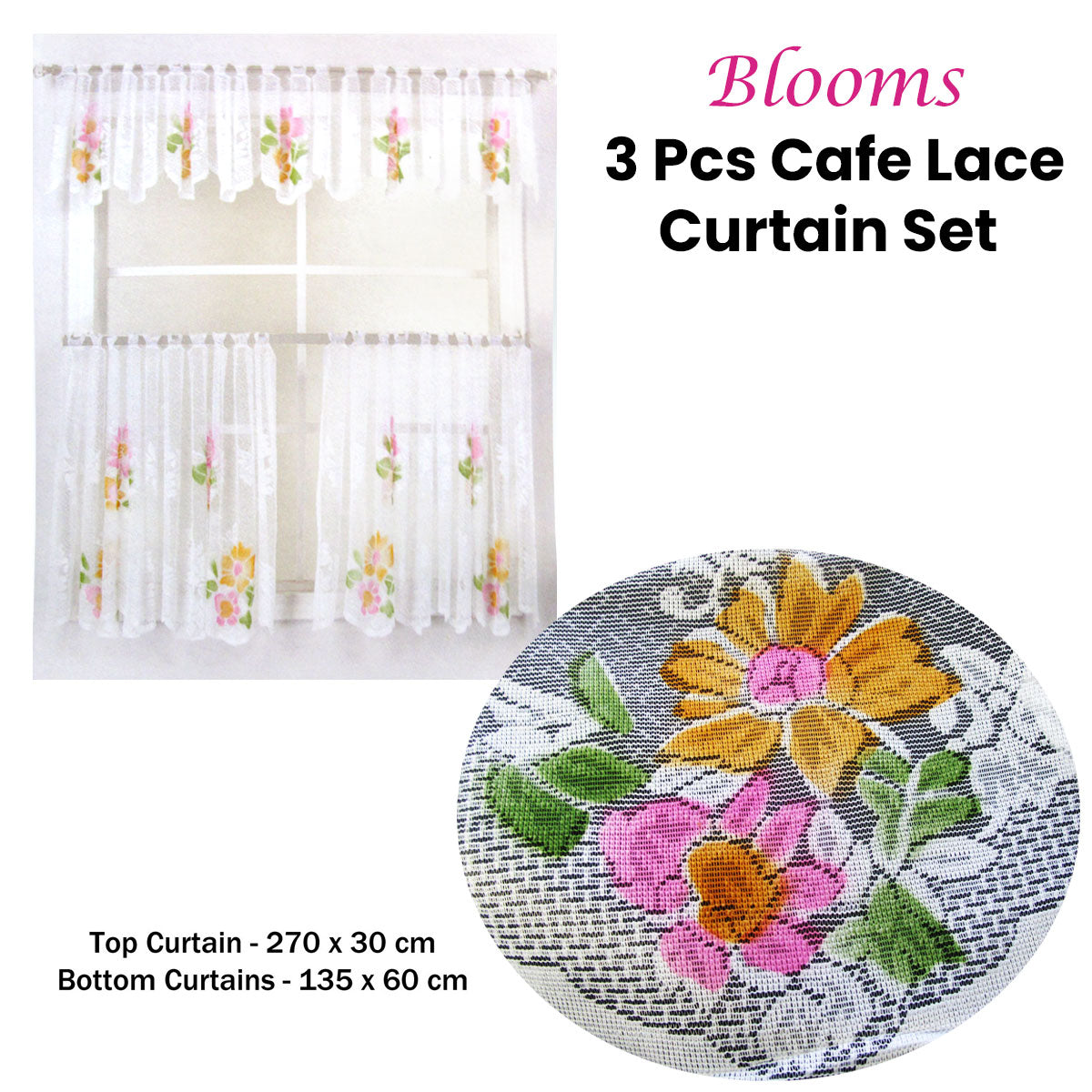 3 Pce Cafe Blooms Lace Kitchen Curtain Set V442-BZO-CURTAIN-3PCEBLOOMS3521-WHITE-RE