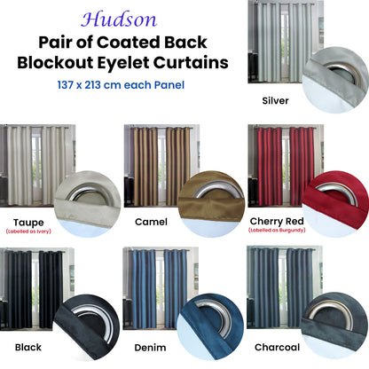 Emporio Hudson Pair of Coated Back Blockout Eyelet Curtains 137 x 213cm each Black V442-BZO-CURTAIN-HUDSONEYELET-BLACK-RE