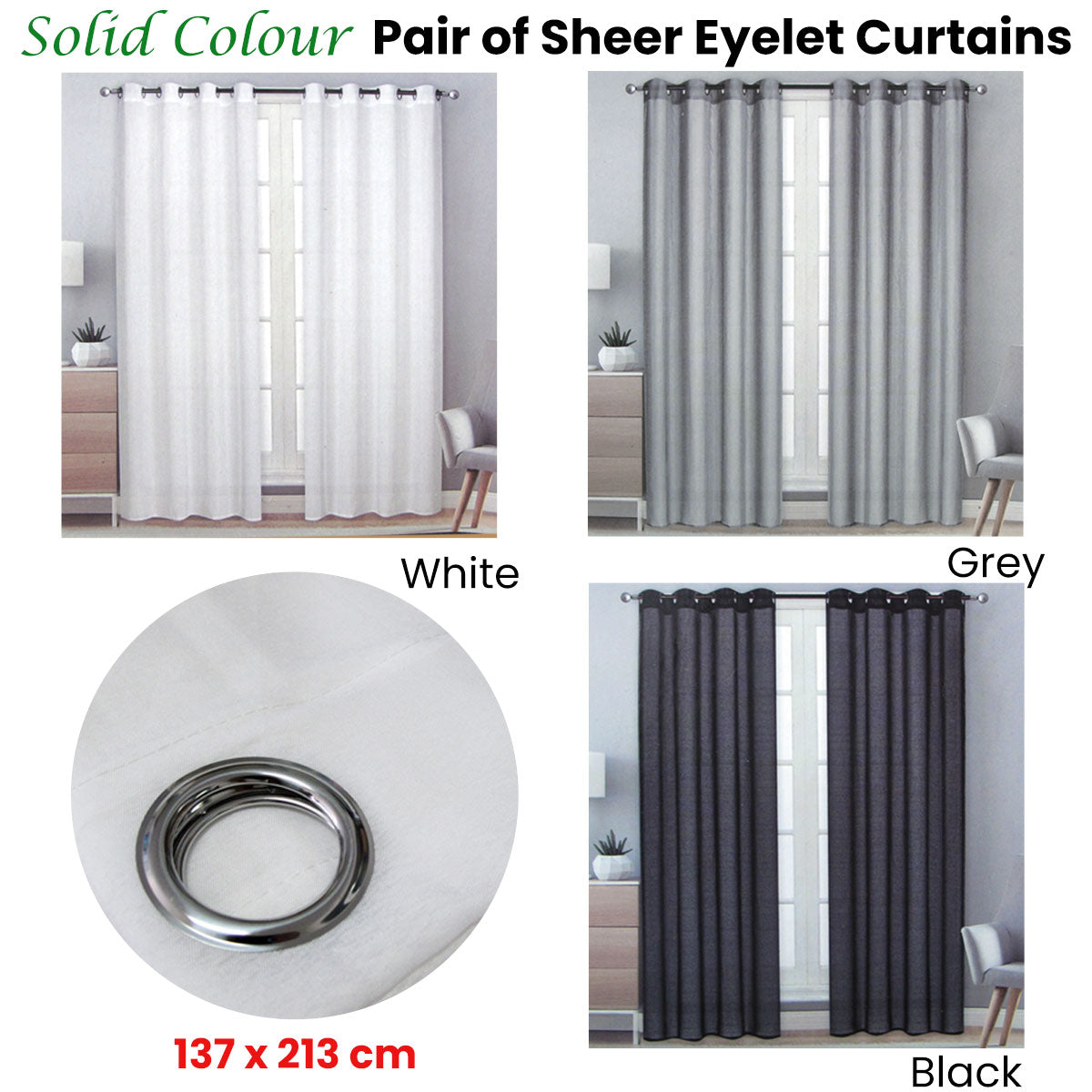 Pair of Solid Colour Sheer Eyelet Curtains 137 x 213 cm Black V442-BZO-CURTAIN-PAIRSHEEREYELET-BLACK-RE