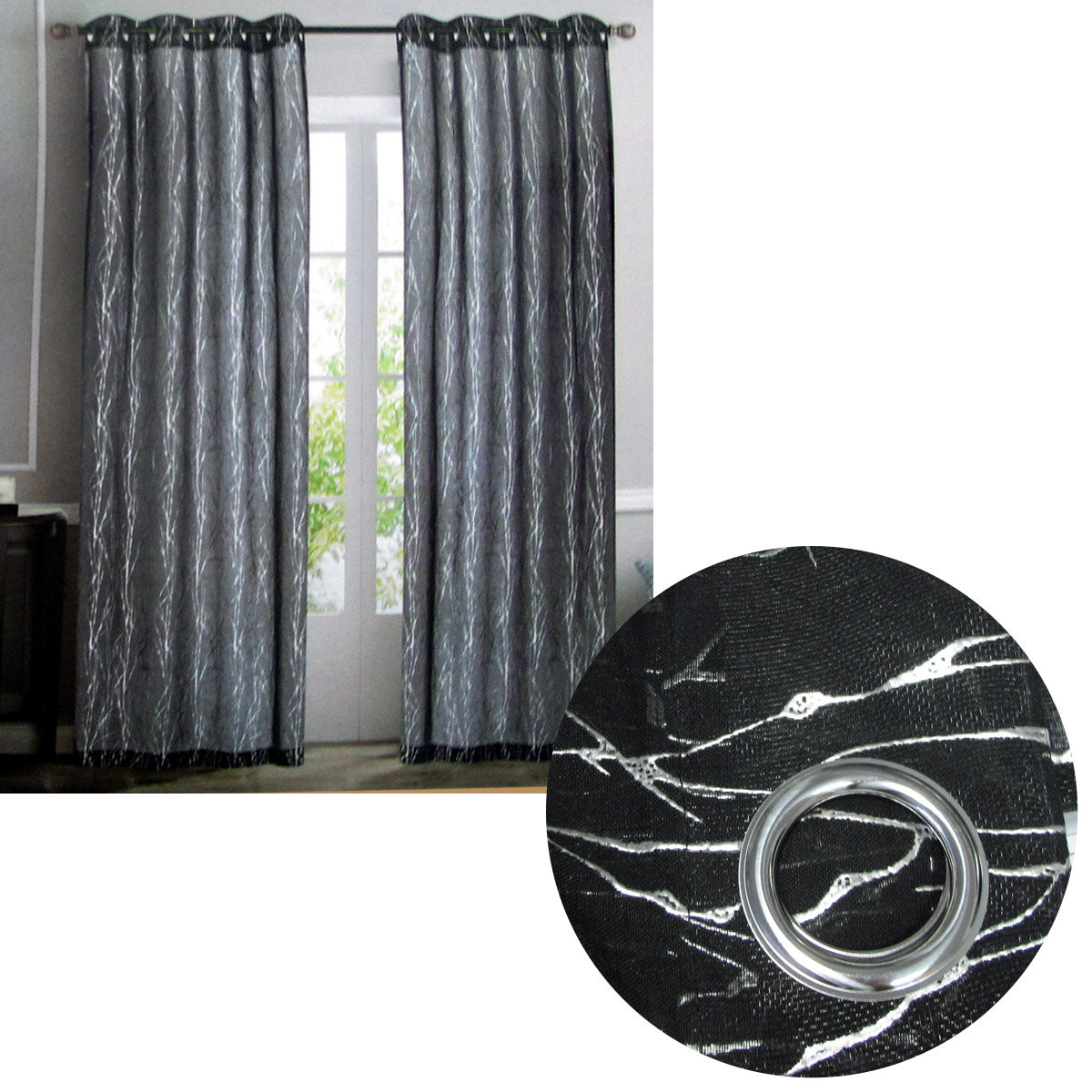 Pair of Sheer Eyelet Curtains Black with Silver Foils 137 x 213 cm V442-BZO-CURTAIN-PAIRSHEERFOIL-BLACKSILVER-RE