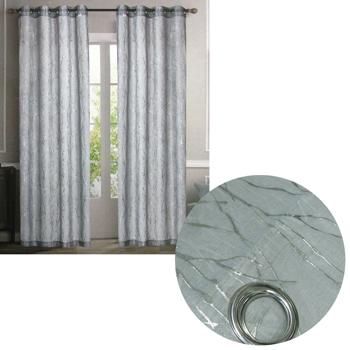 Pair of Sheer Eyelet Curtains Grey with Silver Foils 137 x 213 cm V442-BZO-CURTAIN-PAIRSHEERFOIL-GREYSILVER-RE
