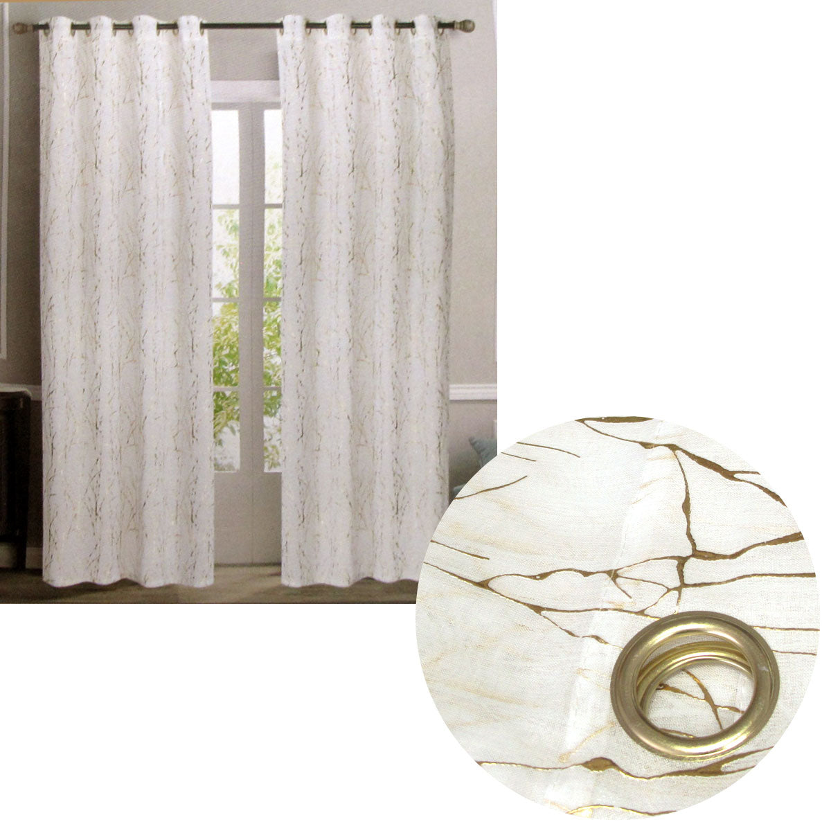 Pair of Sheer Eyelet Curtains White with Gold Foils 137 x 213 cm V442-BZO-CURTAIN-PAIRSHEERFOIL-WHITEGOLD-RE