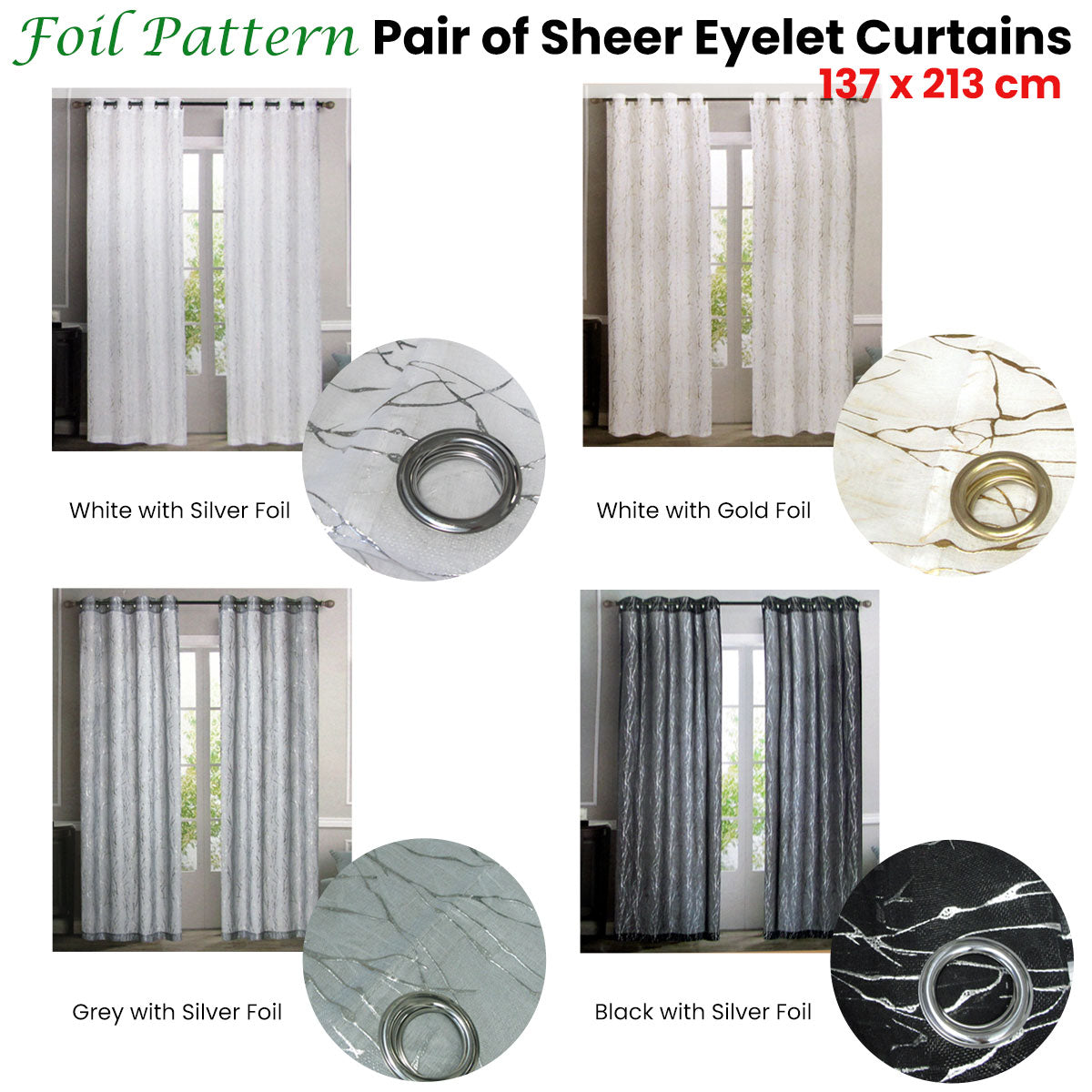 Pair of Sheer Eyelet Curtains White with Gold Foils 137 x 213 cm V442-BZO-CURTAIN-PAIRSHEERFOIL-WHITEGOLD-RE