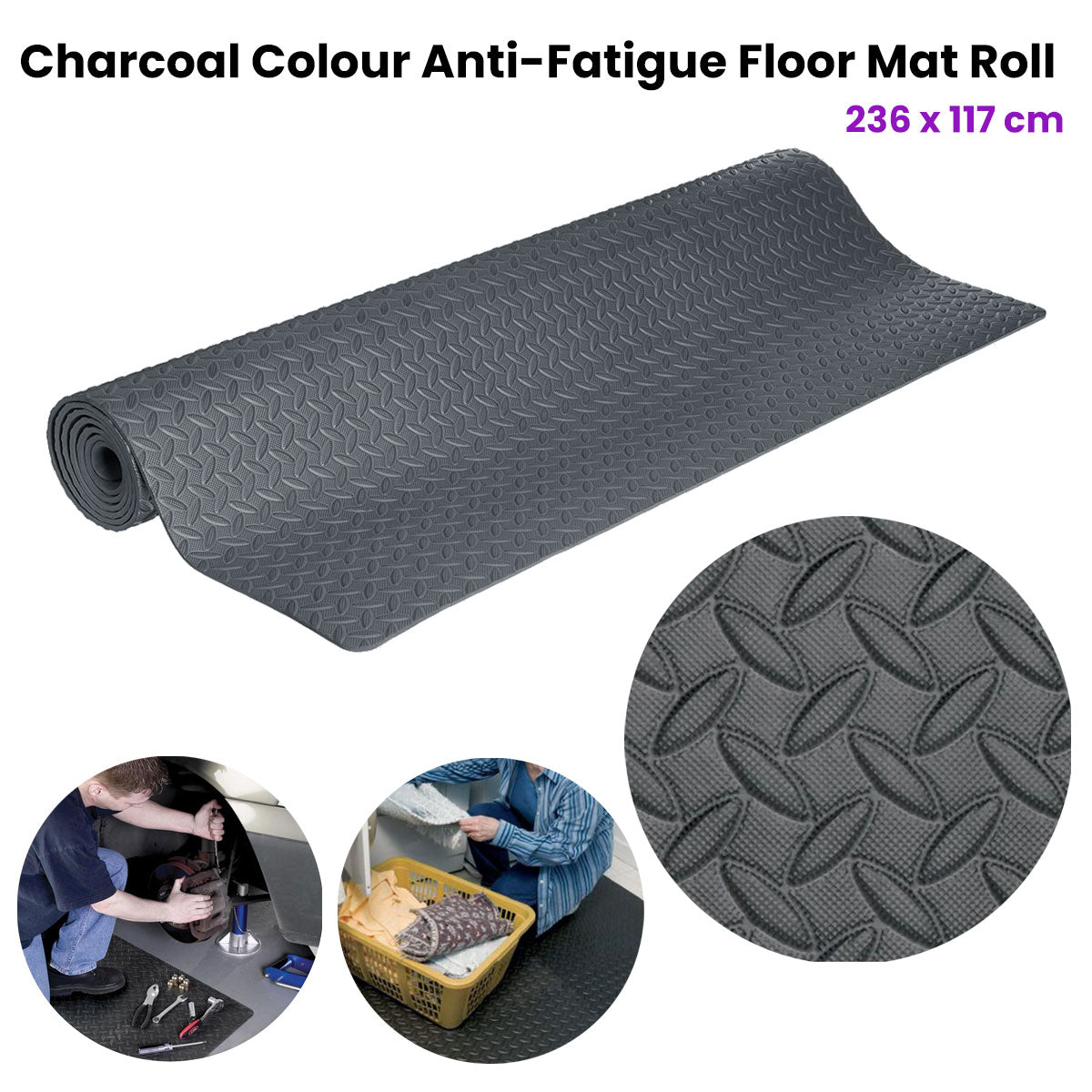 Tool Masters Charcoal Colour Anti-Fatigue Grip Mat Roll 236 x 117 cm V442-BZO-FLOORR-GRIPMAT-CHARCOAL-RE