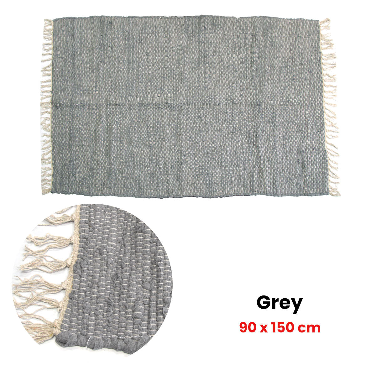 Large Chindi Cotton Handmade Floor Mat with Tassels 90 x 150 cm Grey V442-BZO-FLOORR-LARGECHINDI-GREY-RE