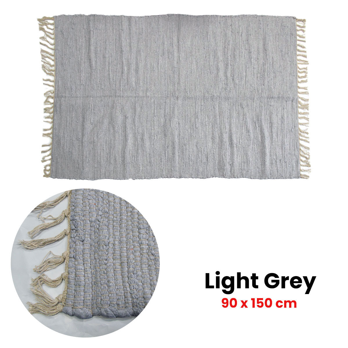 Large Chindi Cotton Handmade Floor Mat with Tassels 90 x 150 cm Light Grey V442-BZO-FLOORR-LARGECHINDI-LIGHTGREY-RE