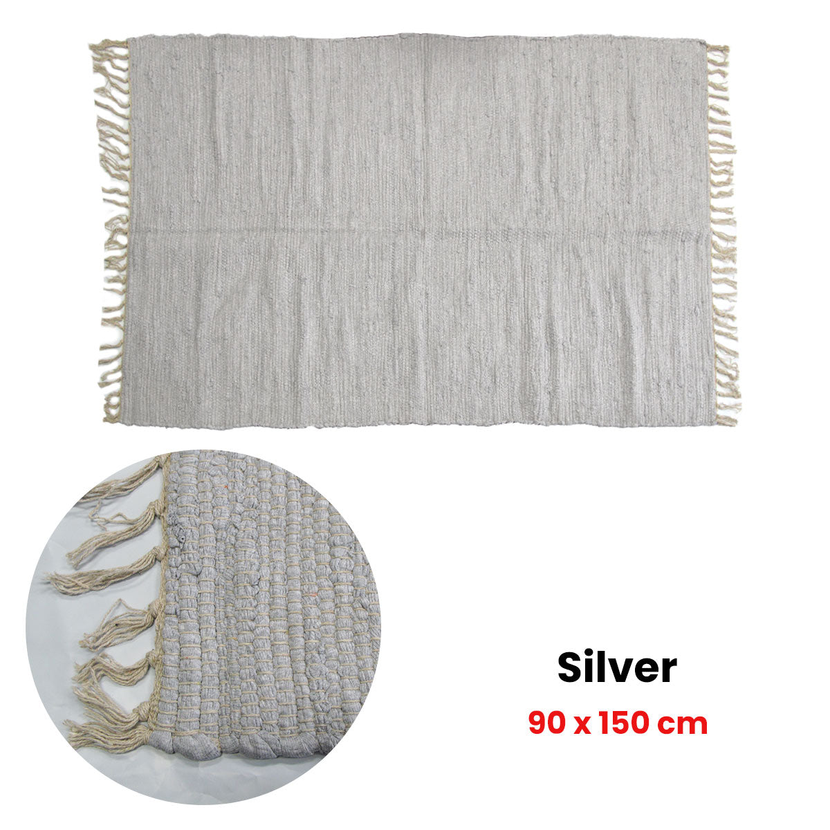 Large Chindi Cotton Handmade Floor Mat with Tassels 90 x 150 cm Silver V442-BZO-FLOORR-LARGECHINDI-SILVER-RE