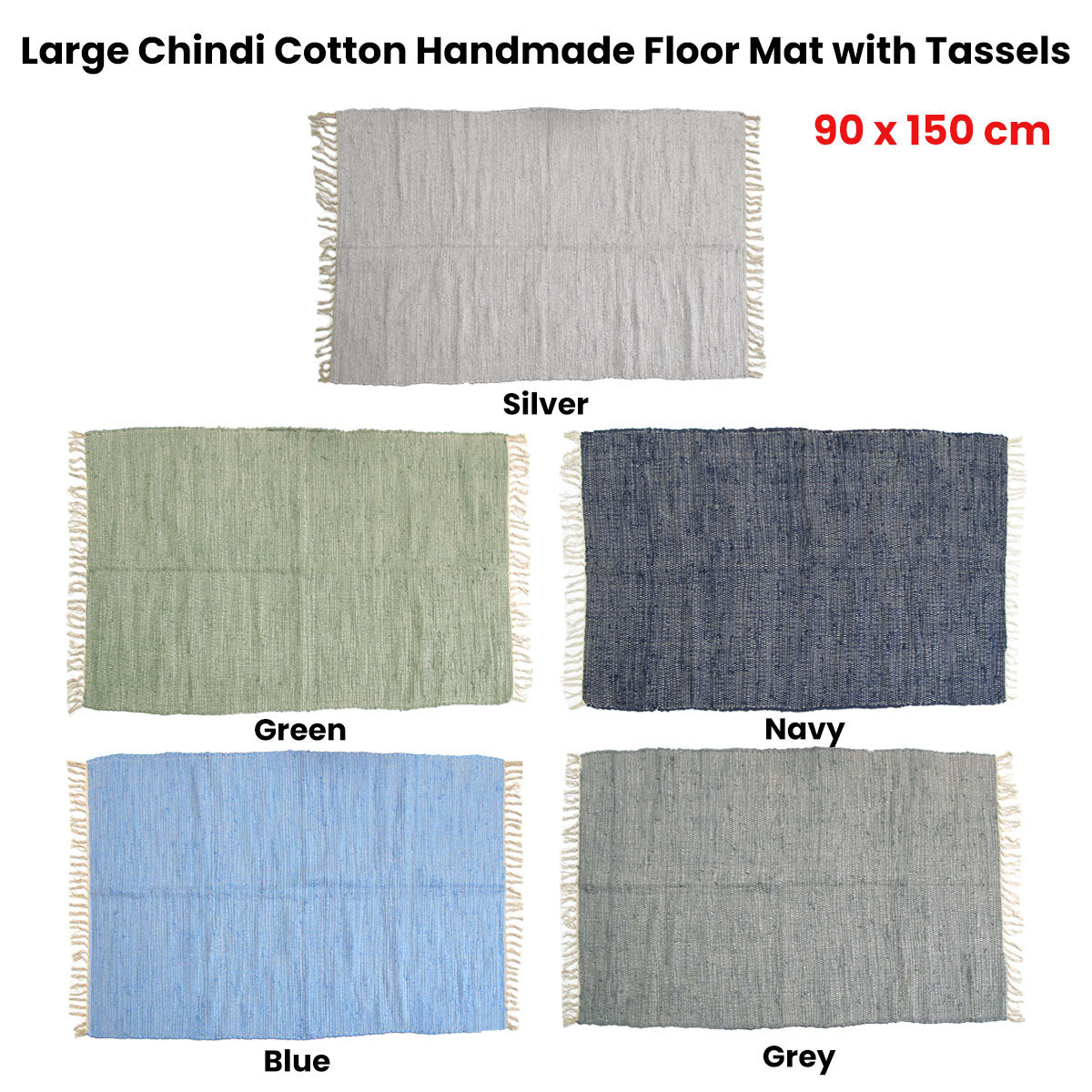 Large Chindi Cotton Handmade Floor Mat with Tassels 90 x 150 cm Silver V442-BZO-FLOORR-LARGECHINDI-SILVER-RE
