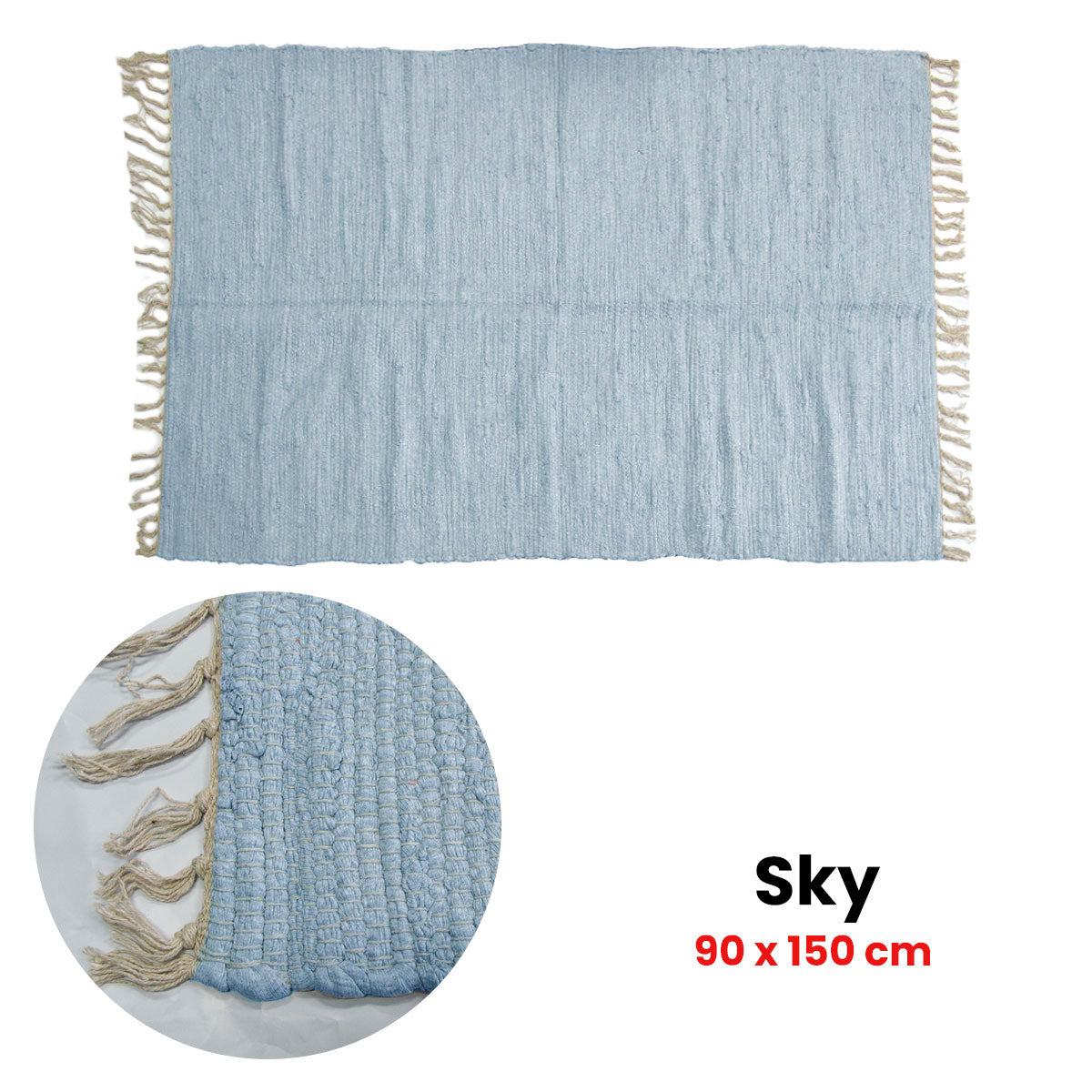 Large Chindi Cotton Handmade Floor Mat with Tassels 90 x 150 cm Sky V442-BZO-FLOORR-LARGECHINDI-SKY-RE