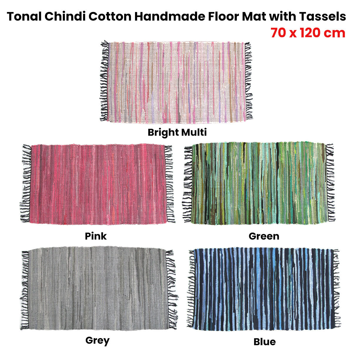 Tonal Chindi Cotton Handmade Floor Mat with Tassels 70 x 120 cm Bright Multi V442-BZO-FLOORR-TONALCHINDI-BRIGHT-RE
