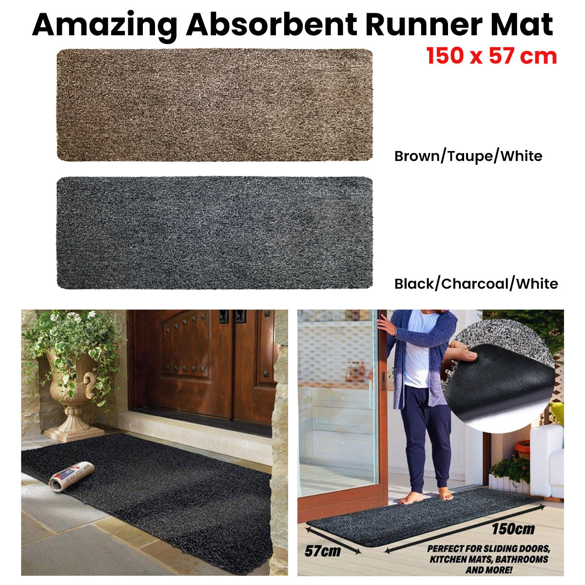 Amazing Absorbent Runner Mat 150 x 57 cm Black/Charcoal/White V442-BZO-MISC-RUNNERMAT-BLACK-RE