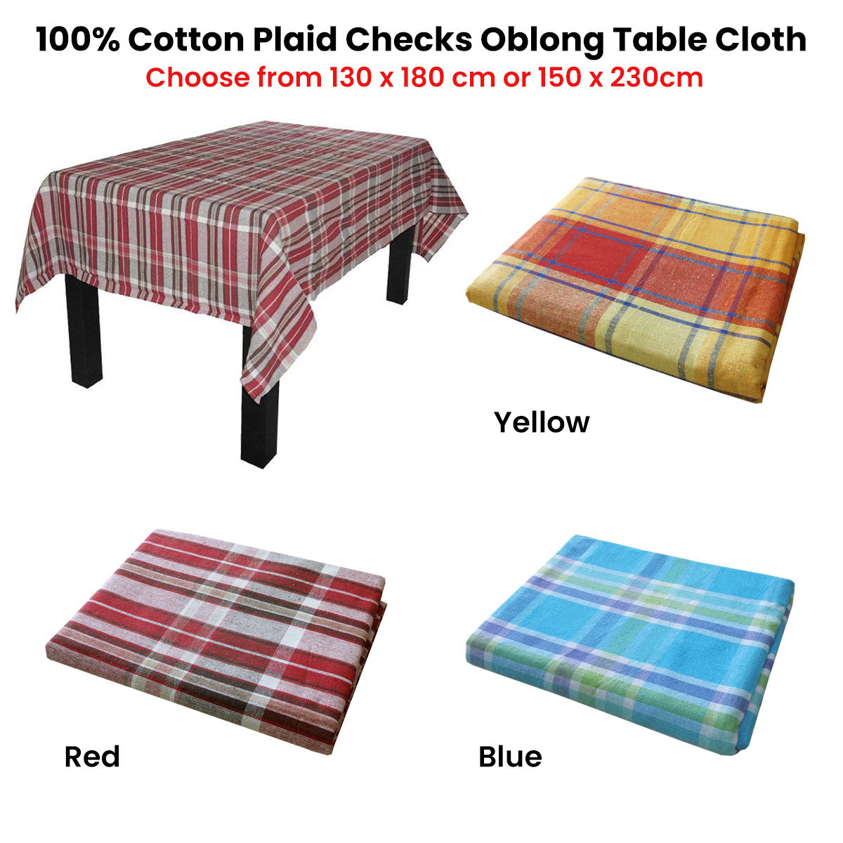 Cotton Plaid Checks Oblong Table Cloth Red 130 x 180cm V442-BZO-TABLEC-PLAIDCHECKS180-RED-RE