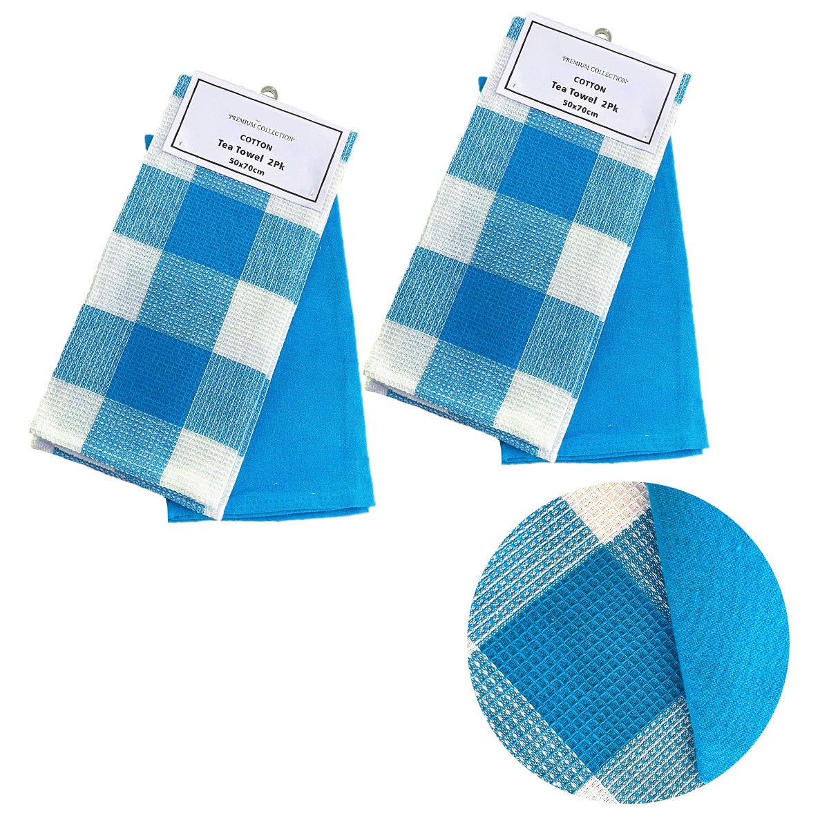 Set of 4 Cotton Waffle Checkered & Plain Dyed Tea Towels 50cm x 70cm Aqua V442-BZO-TEAT-WAFFLECHECK-AQUA-RE