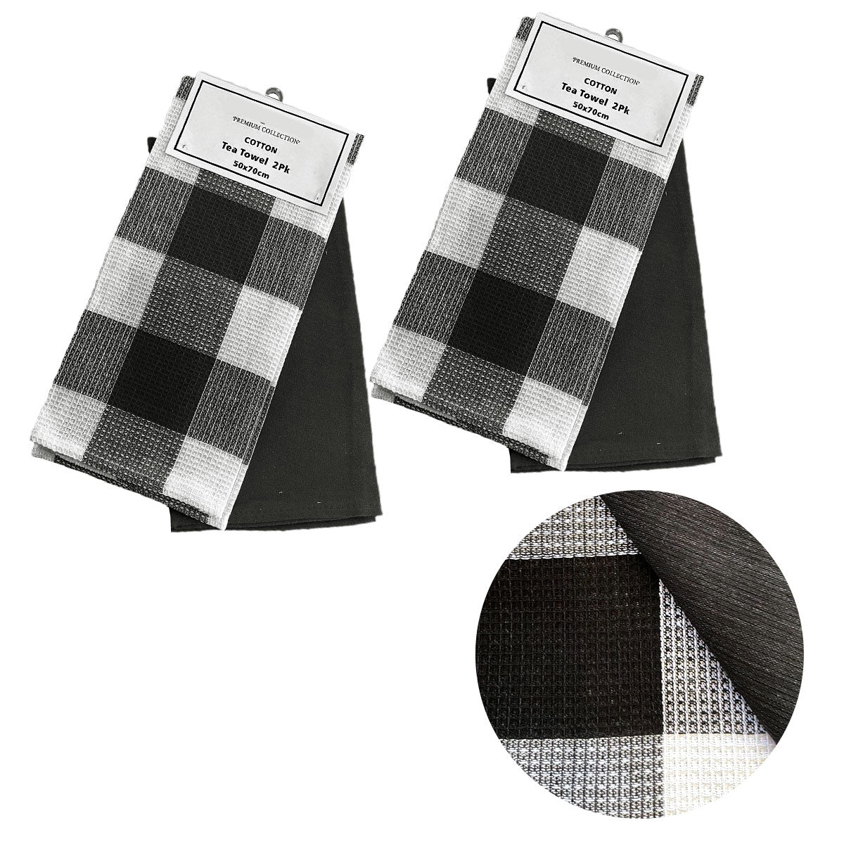 Set of 4 Cotton Waffle Checkered & Plain Dyed Tea Towels 50cm x 70cm Black V442-BZO-TEAT-WAFFLECHECK-BLACK-RE