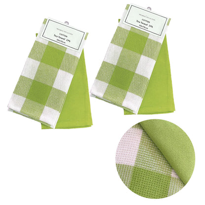 Set of 4 Cotton Waffle Checkered & Plain Dyed Tea Towels 50cm x 70cm Green V442-BZO-TEAT-WAFFLECHECK-GREEN-RE