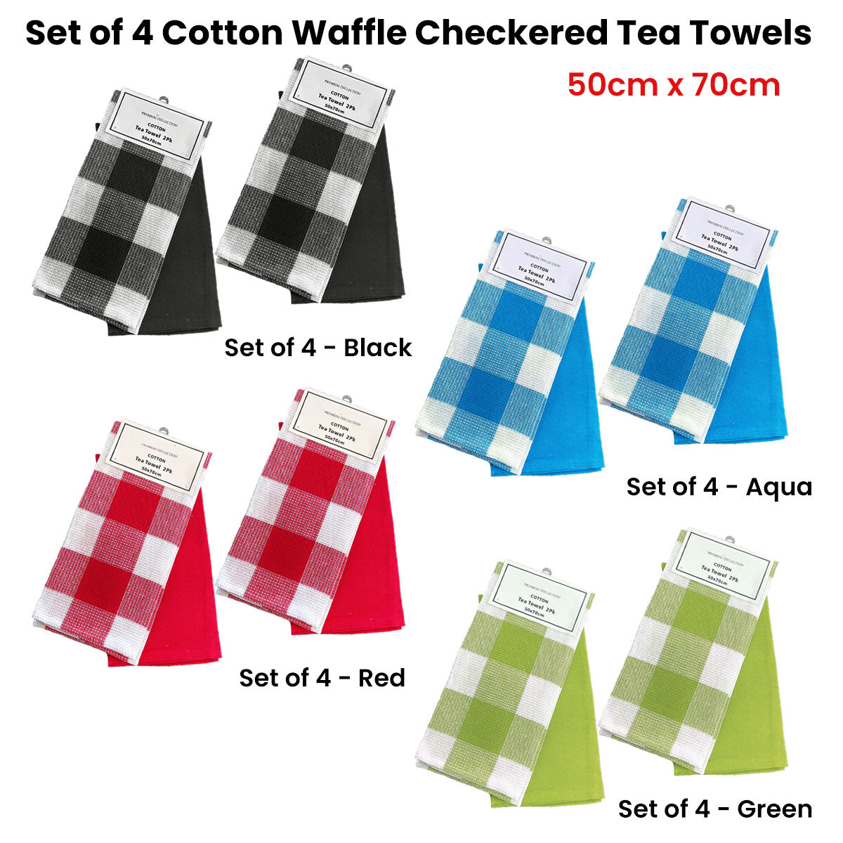 Set of 4 Cotton Waffle Checkered & Plain Dyed Tea Towels 50cm x 70cm Green V442-BZO-TEAT-WAFFLECHECK-GREEN-RE