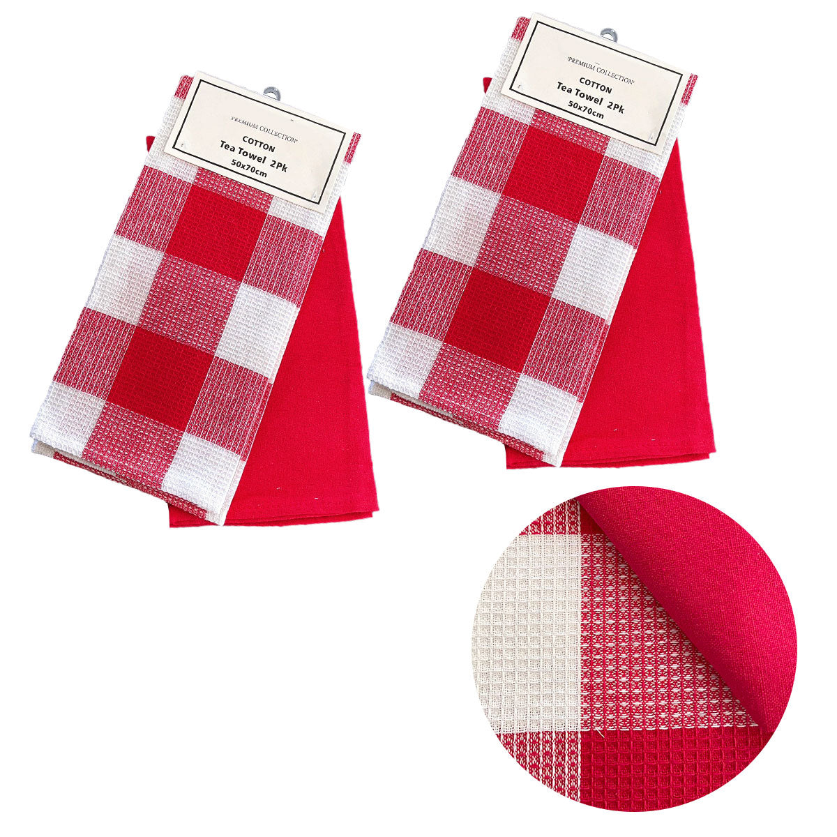 Set of 4 Cotton Waffle Checkered & Plain Dyed Tea Towels 50cm x 70cm Red V442-BZO-TEAT-WAFFLECHECK-RED-RE