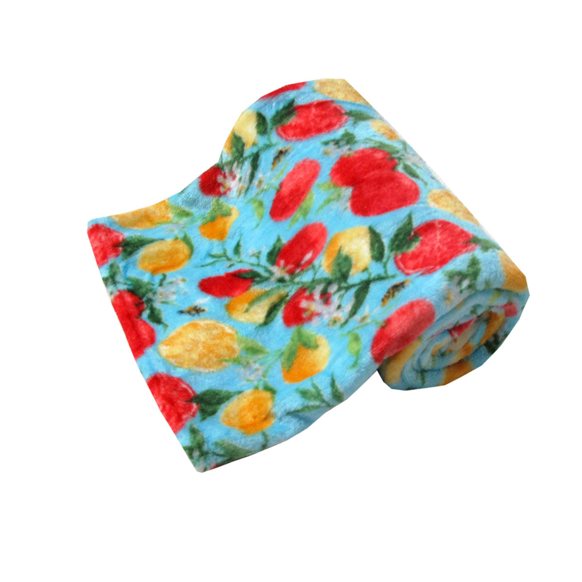 190GSM Fashion Printed Ultra Soft Coral Fleece Throw 127 x 152cm Fruit & Bees V442-BZO-THROW-CORALFRUITBEES-BLUE-RE