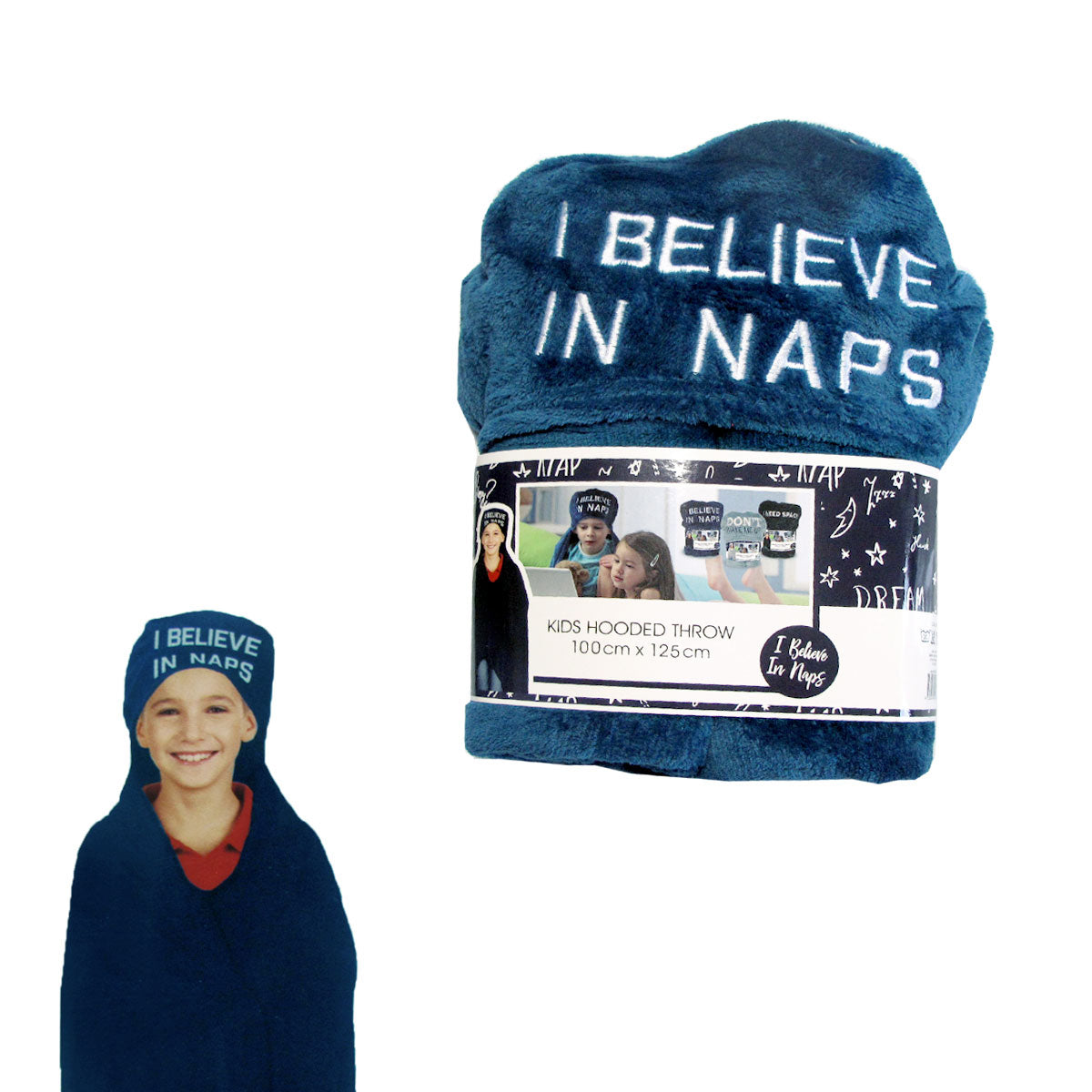 Kids Embroidered Hooded Throw Rug 100 x 125cm Blue I Believe in Naps V442-BZO-THROW-EMBHOODNAPS-BLUE-RE