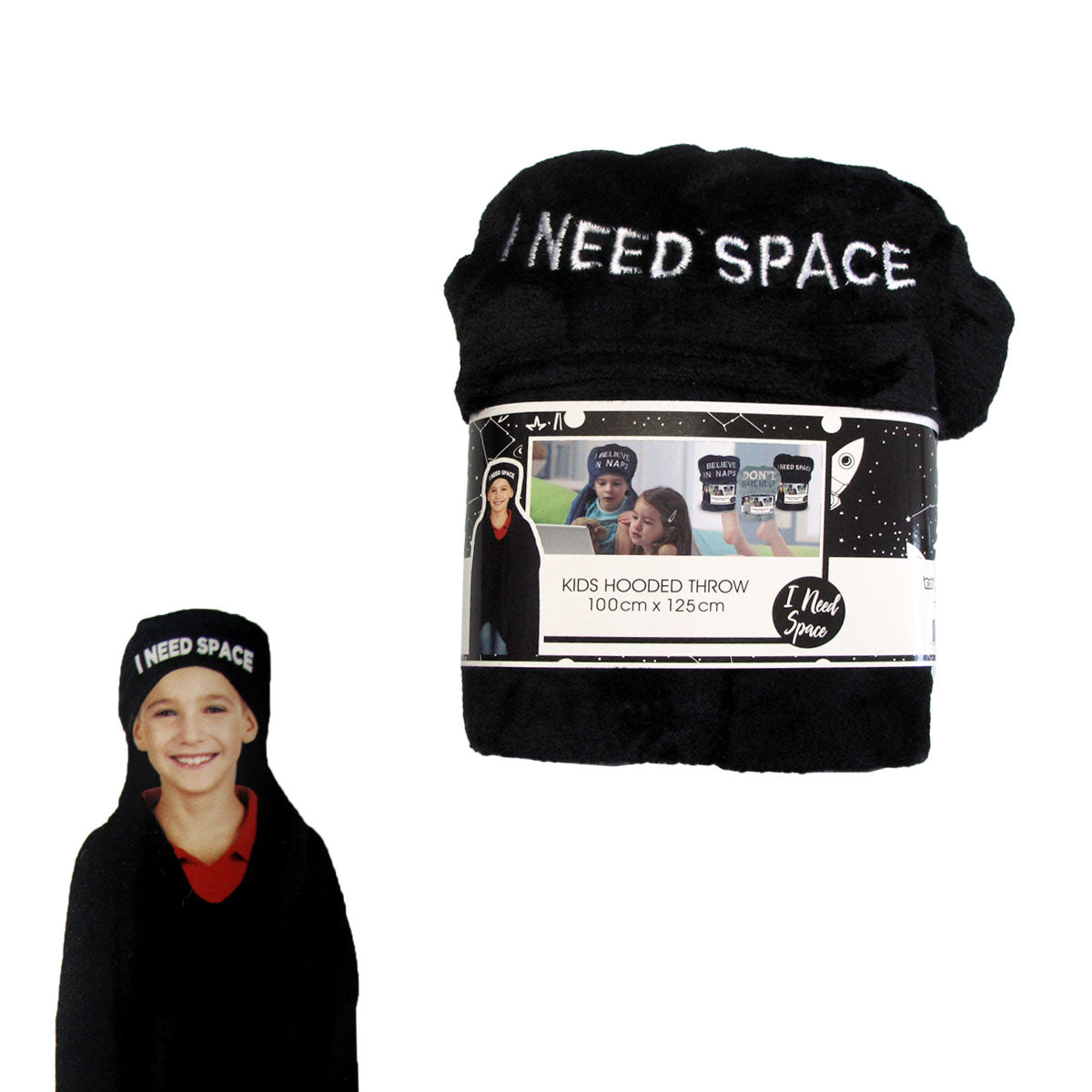 Kids Embroidered Hooded Throw Rug 100 x 125cm Black I Need Space V442-BZO-THROW-EMBHOODSPACE-BLACK-RE