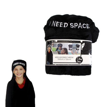 Kids Embroidered Hooded Throw Rug 100 x 125cm Black I Need Space V442-BZO-THROW-EMBHOODSPACE-BLACK-RE