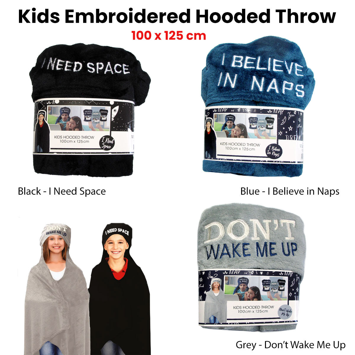 Kids Embroidered Hooded Throw Rug 100 x 125cm Black I Need Space V442-BZO-THROW-EMBHOODSPACE-BLACK-RE