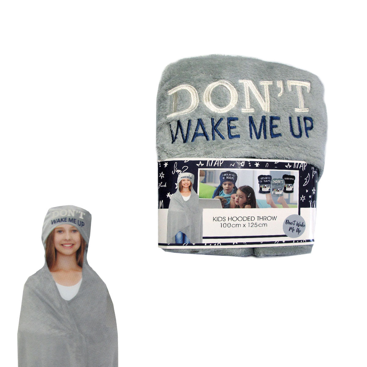 Kids Embroidered Hooded Throw Rug 100 x 125cm Grey Don't Wake Me Up V442-BZO-THROW-EMBHOODWAKEMEUP-GREY-RE
