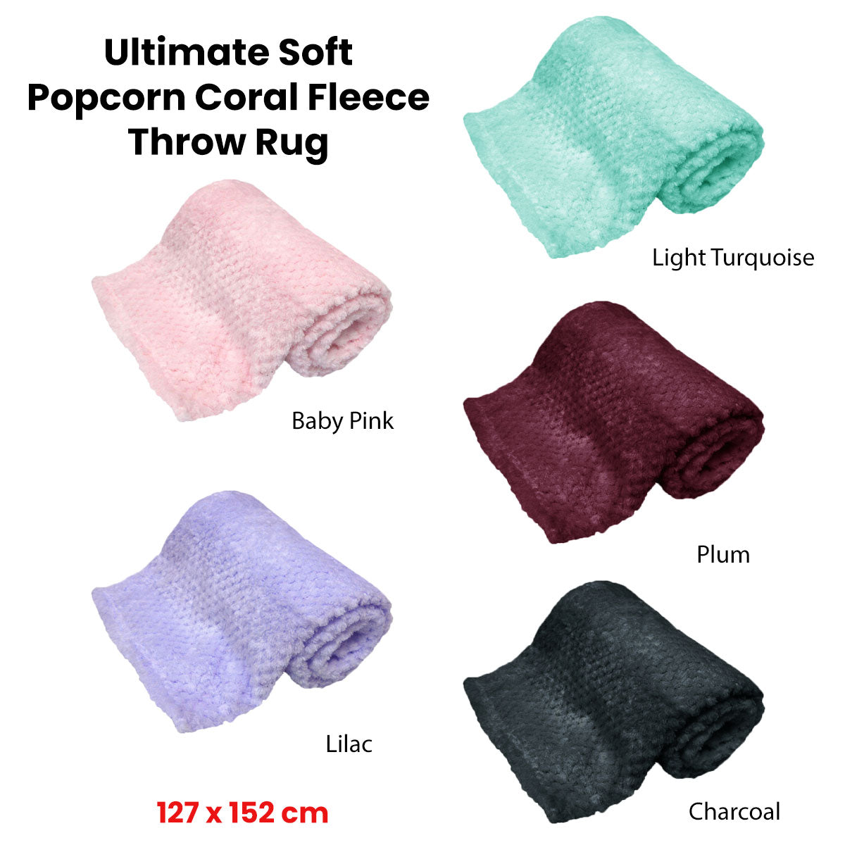 180GSM Soft Popcorn Coral Fleece Throw Rug 127 x 152cm Charcoal V442-BZO-THROW-POPCORN-CHARCOAL-RE