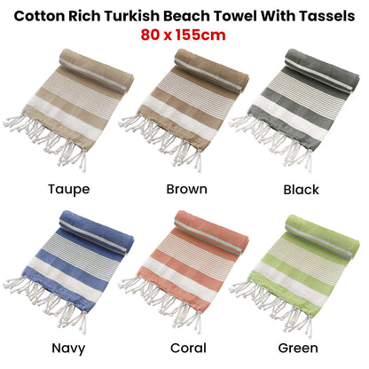Cotton Rich Large Turkish Beach Towel with Tassels 80cm x 155cm Green V442-BZO-TOWEL-TURKISH-GREEN-RE