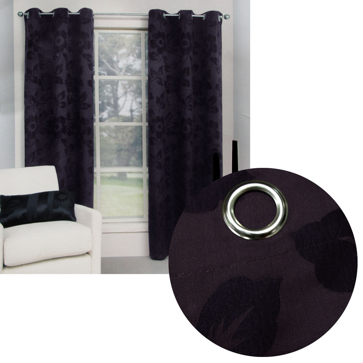 Belmondo Provincial Pair of Eyelet unlined Jacquard Curtains 120 x 220cm each Aubergine V442-CAP-CURTAIN-PROVINCIALEYELET-AUBERGINE-RE