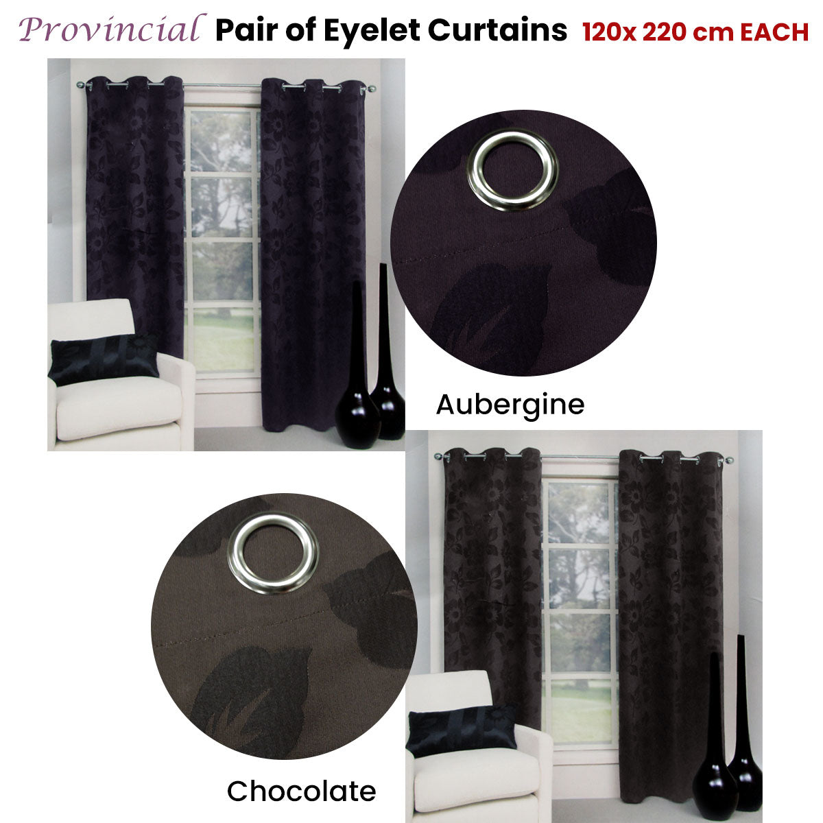 Belmondo Provincial Pair of Eyelet unlined Jacquard Curtains 120 x 220cm each Aubergine V442-CAP-CURTAIN-PROVINCIALEYELET-AUBERGINE-RE