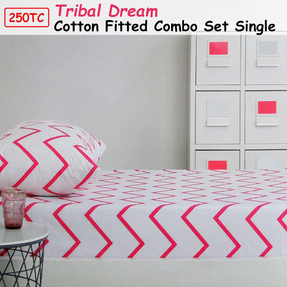 250TC Tribal Dream 100% Cotton Fitted Combo Set Single V442-CAP-FITTEDSS-TRIBALDREAM-PINK-SB
