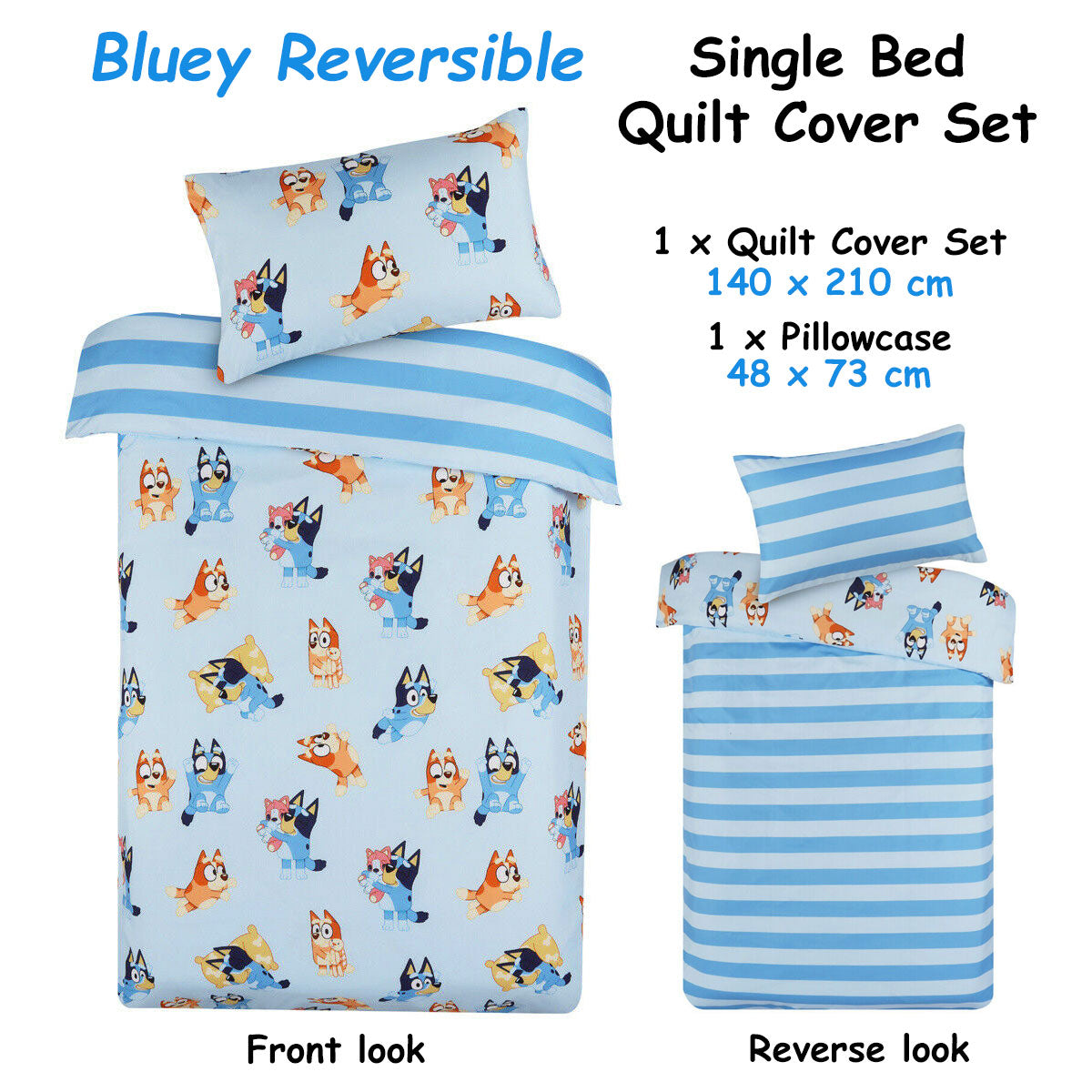 Bluey Bingo Reversible Striped Licensed Quilt Cover Set Single V442-CAP-QUILTCS-BLUEY8377-BLUE-SB
