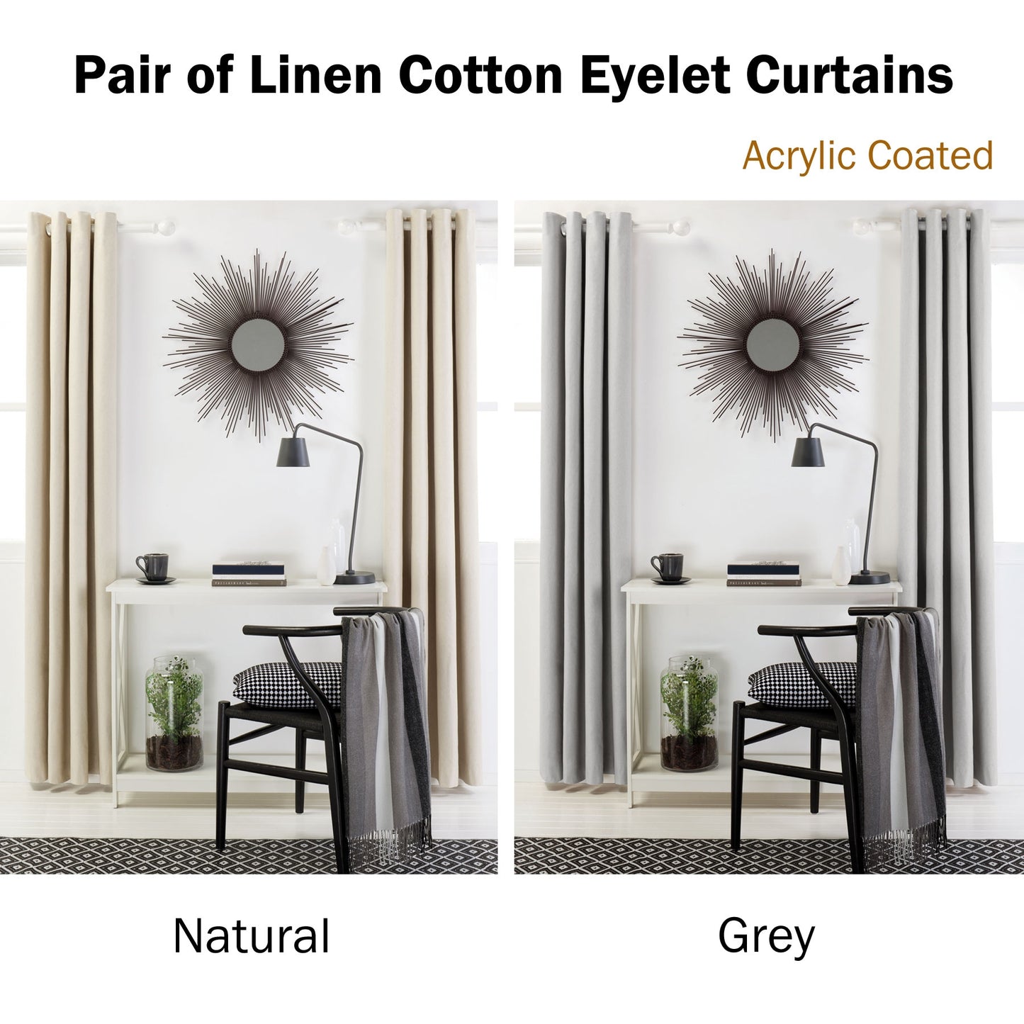 Designers Choice Pair of Linen Cotton Coated Eyelet Curtains Grey 140 x 213cm V442-DRY-CURTAIN-LINENCOTTON213-GREY-RE