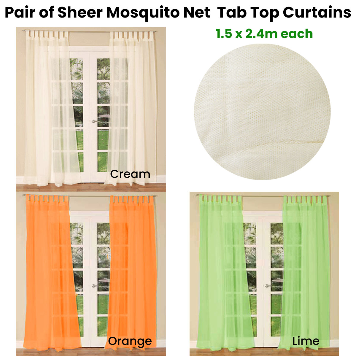 Pair of Sheer Mosquito Net Tab Top Curtains 150 x 240 cm Cream V442-END-CURTAIN-MOSQUITOPAIR-CREAM-RE