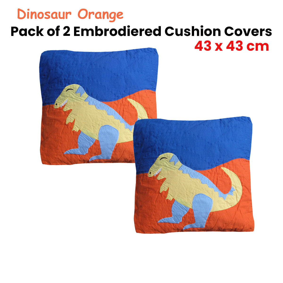 Pack of 2 Dinosaur Embroidered Quilted Cushion Covers 43 x 43 cm V442-END-CUSHIONC-PACKOF2DINOSAUR-ORANGE-SQ