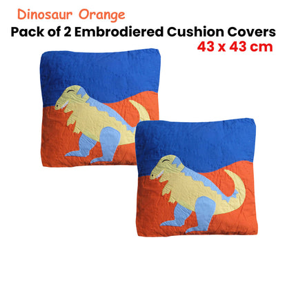 Pack of 2 Dinosaur Embroidered Quilted Cushion Covers 43 x 43 cm V442-END-CUSHIONC-PACKOF2DINOSAUR-ORANGE-SQ