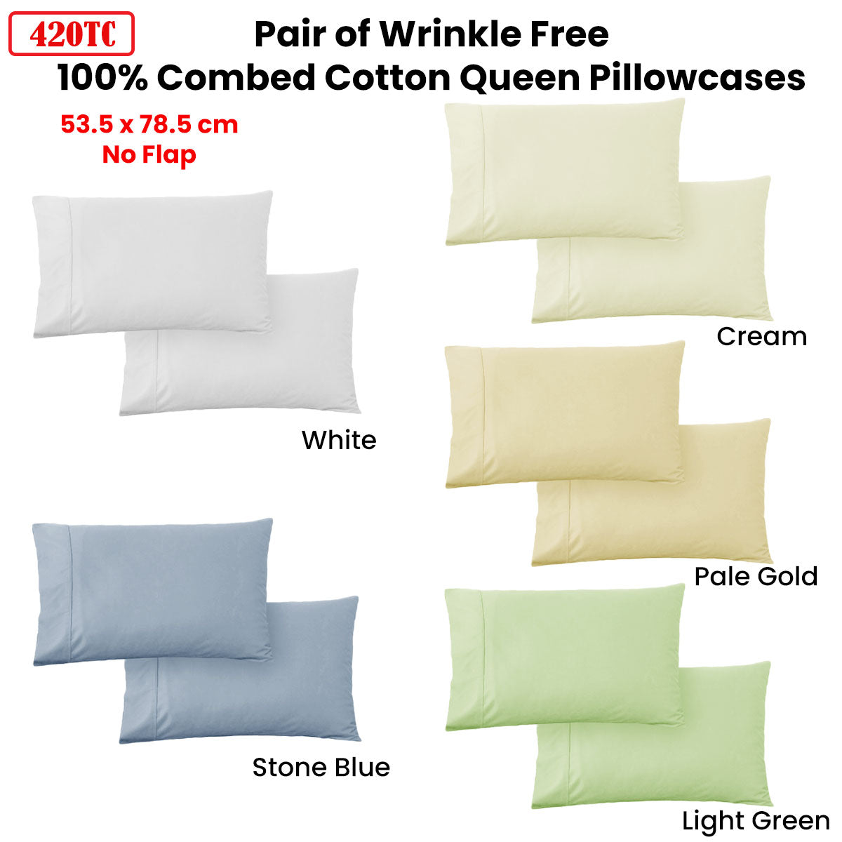 420TC Pair of Wrinkle Free No Flap Queen Pillowcases Pale Gold V442-END-PILLOWC-420TCNOFLAP-PALEGOLD-QS