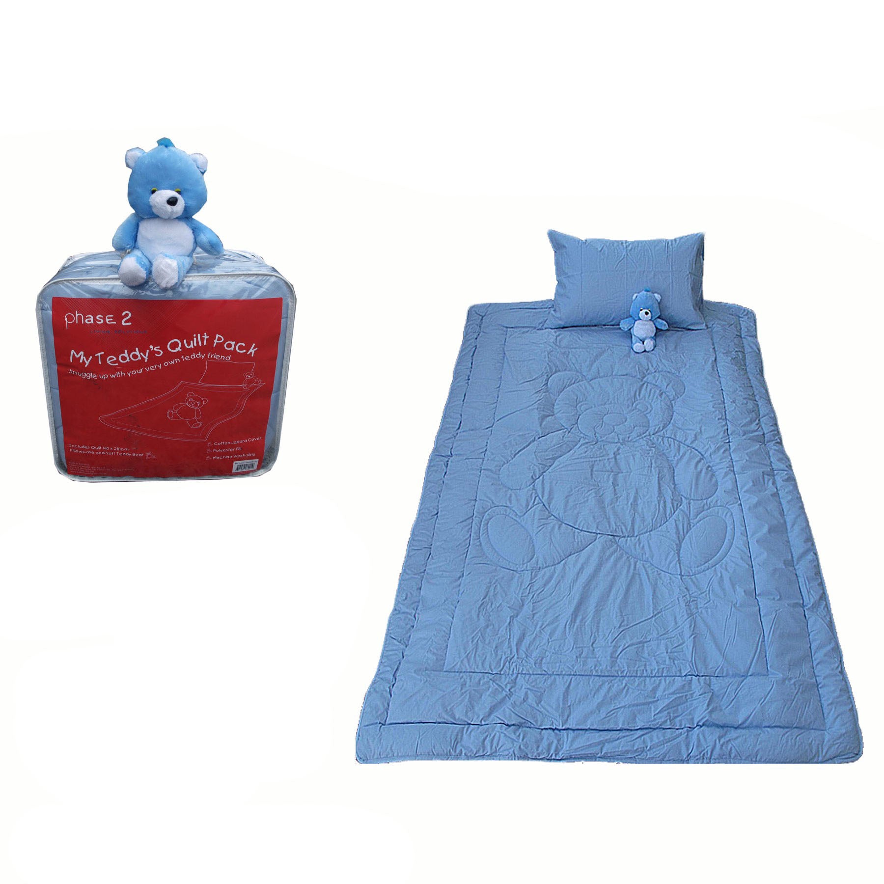 Phase 2 My Teddy's Quilt / Comforter Set with Toy Blue Single V442-END-QUILT-MYTEDDY-BLUE-SB