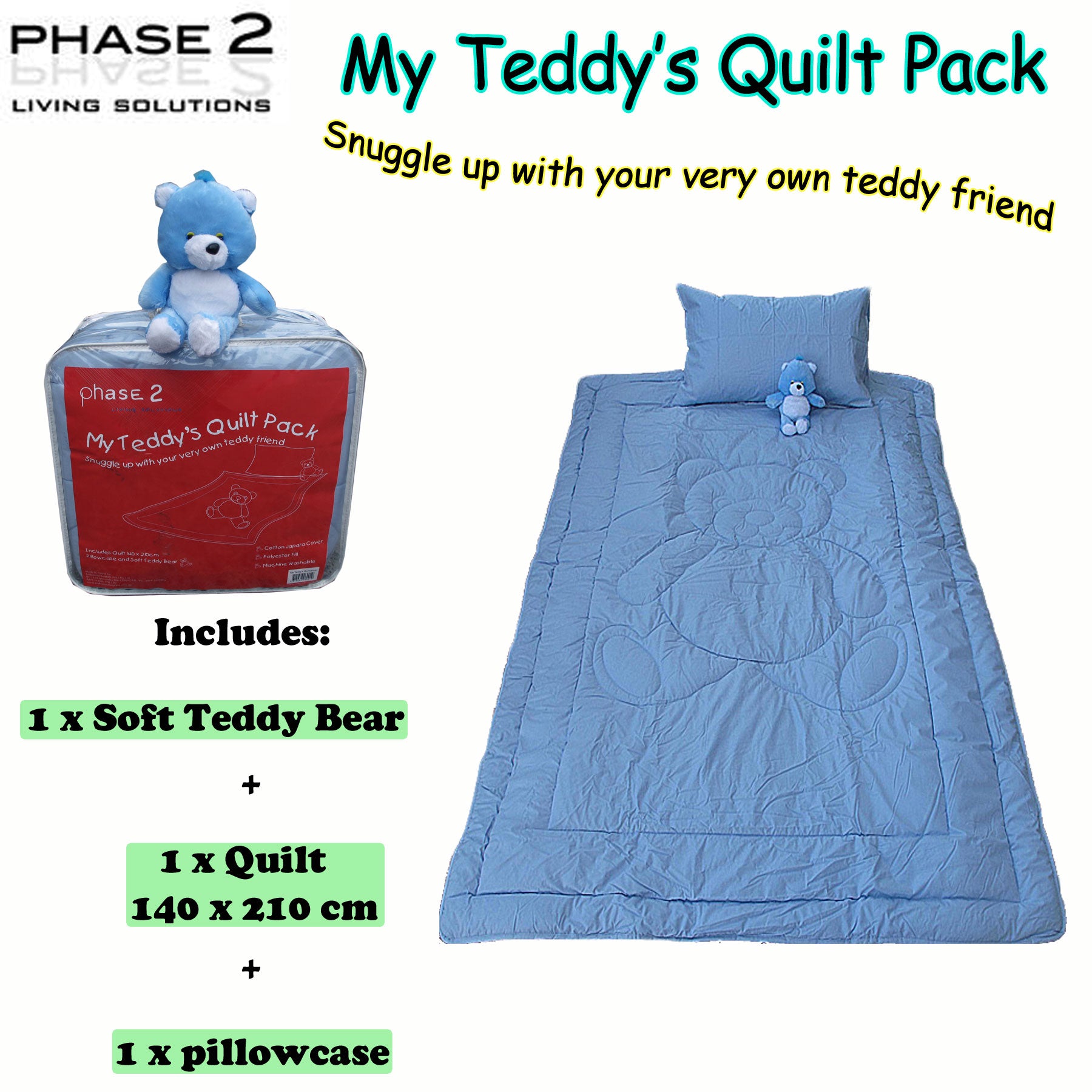 Phase 2 My Teddy's Quilt / Comforter Set with Toy Blue Single V442-END-QUILT-MYTEDDY-BLUE-SB