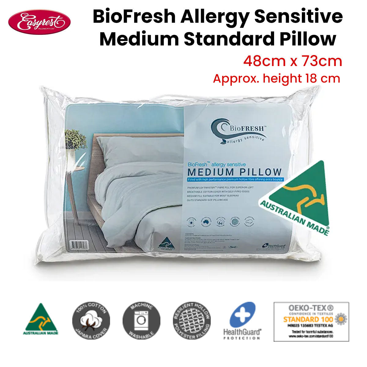 Easyrest BioFresh Allergy Sensitive Medium Standard Pillow 48 x 73 cm V442-ERT-PILLOW-BIOFRESHMEDIUM-WHITE-ST