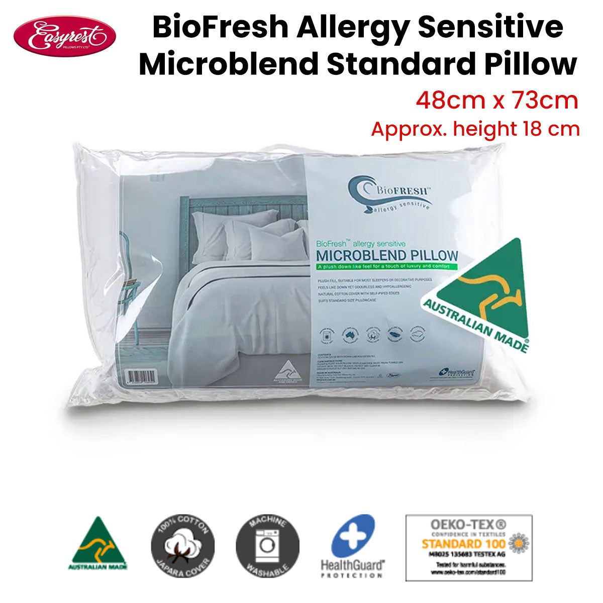 Easyrest BioFresh Allergy Sensitive Microblend Standard Pillow 48 x 73 cm V442-ERT-PILLOW-BIOFRESHMICROBLEND-WHITE-ST