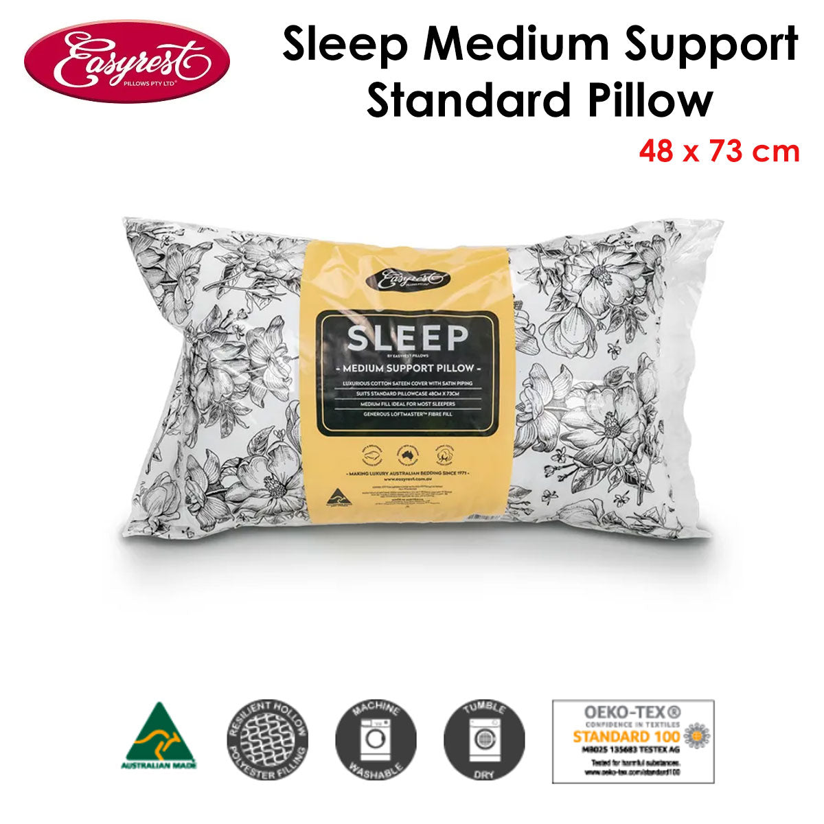 Easyrest Sleep Medium Support Standard Pillow 48 x 73 cm V442-ERT-PILLOW-SLEEPMEDIUM-WHITE-ST