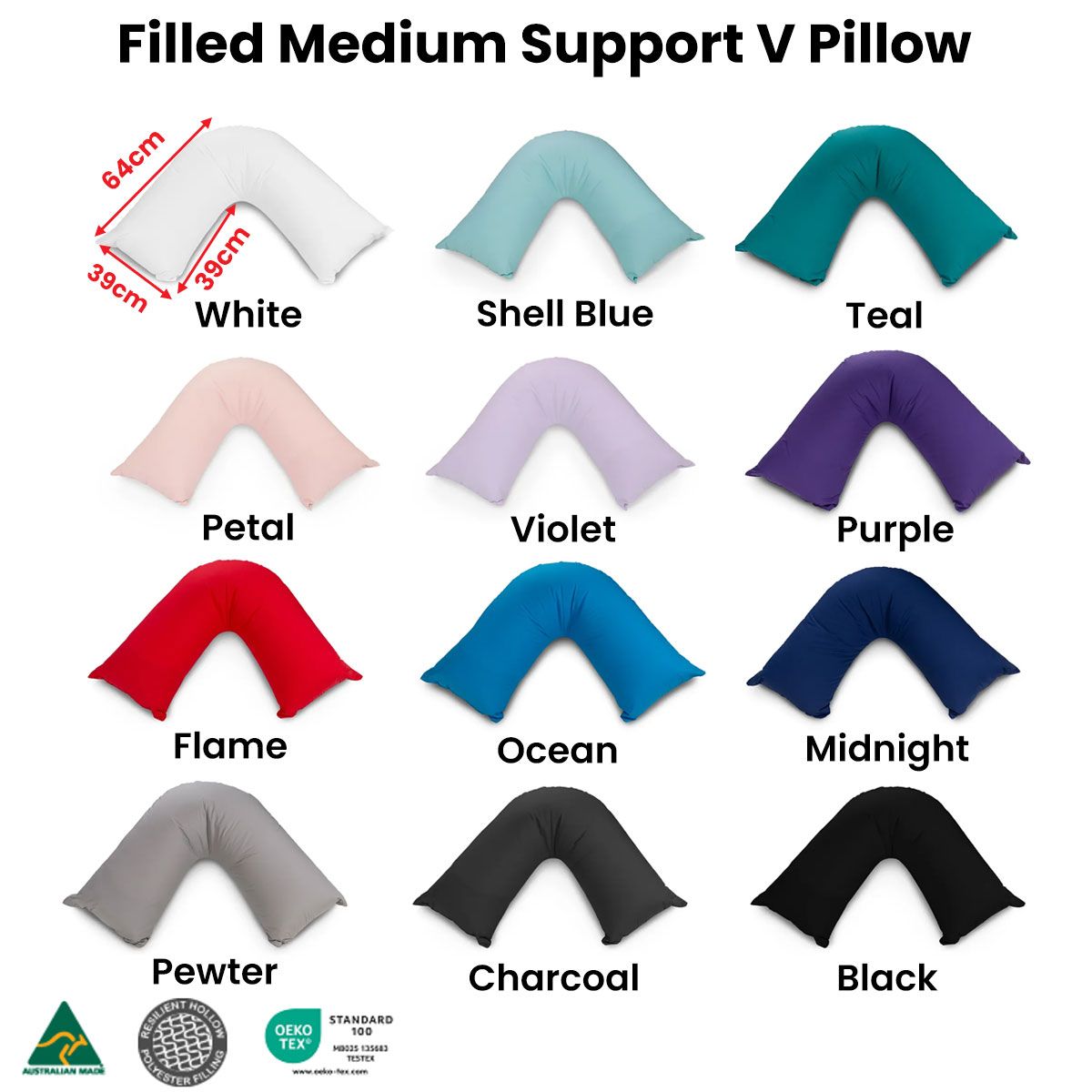 Easyrest Aus Made Medium Support Filled V Shape Pillow 64 x 39 cm Teal V442-ERT-PILLOW-VSHAPE-TEAL-TR