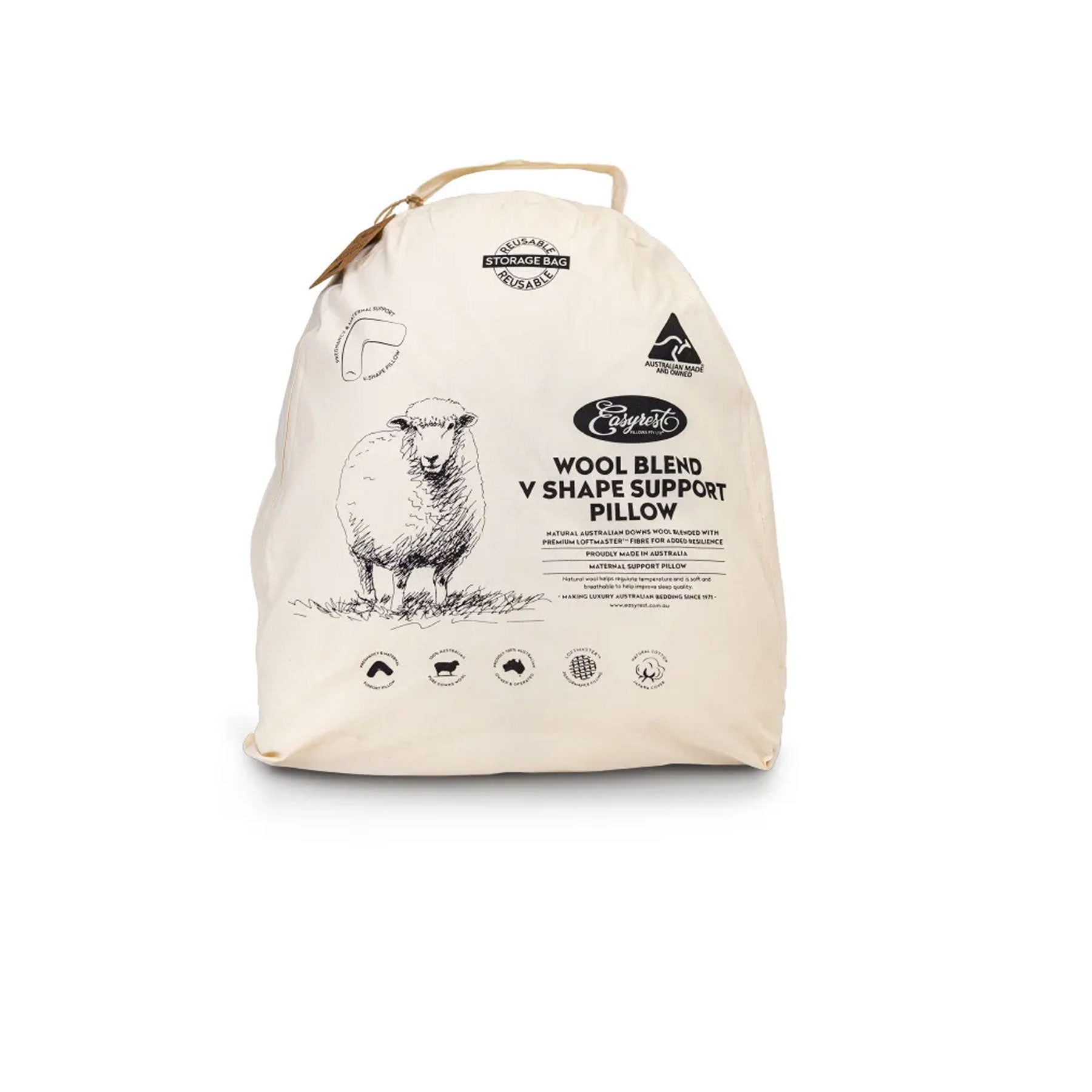 Easyrest Wool Blend V Pillow in Fabric Bag V442-ERT-PILLOW-WOOLBLEND-WHITE-TR