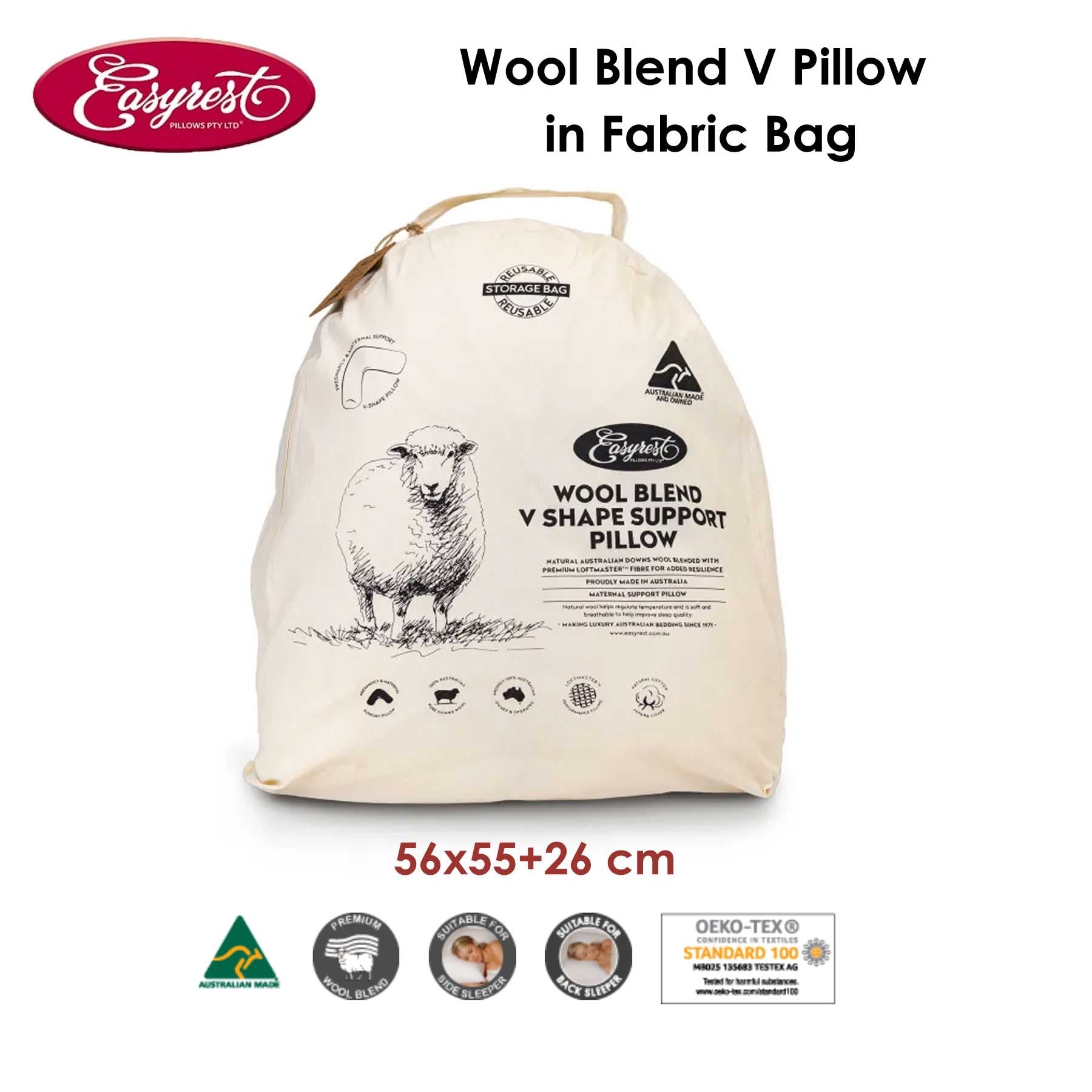 Easyrest Wool Blend V Pillow in Fabric Bag V442-ERT-PILLOW-WOOLBLEND-WHITE-TR