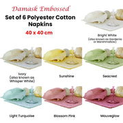 Set of 6 Damask Embossed Polyester Cotton Napkins Bright White (also known as Gardenia or Marshmallow) 40 x V442-GNA-MISC-DAMASKSETOF6NPKINS-WHITE-SQ