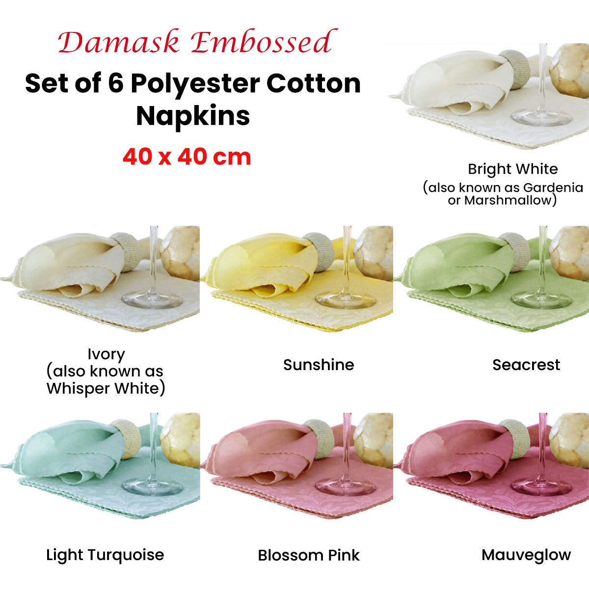 Set of 6 Damask Embossed Polyester Cotton Napkins Bright White (also known as Gardenia or Marshmallow) 40 x V442-GNA-MISC-DAMASKSETOF6NPKINS-WHITE-SQ