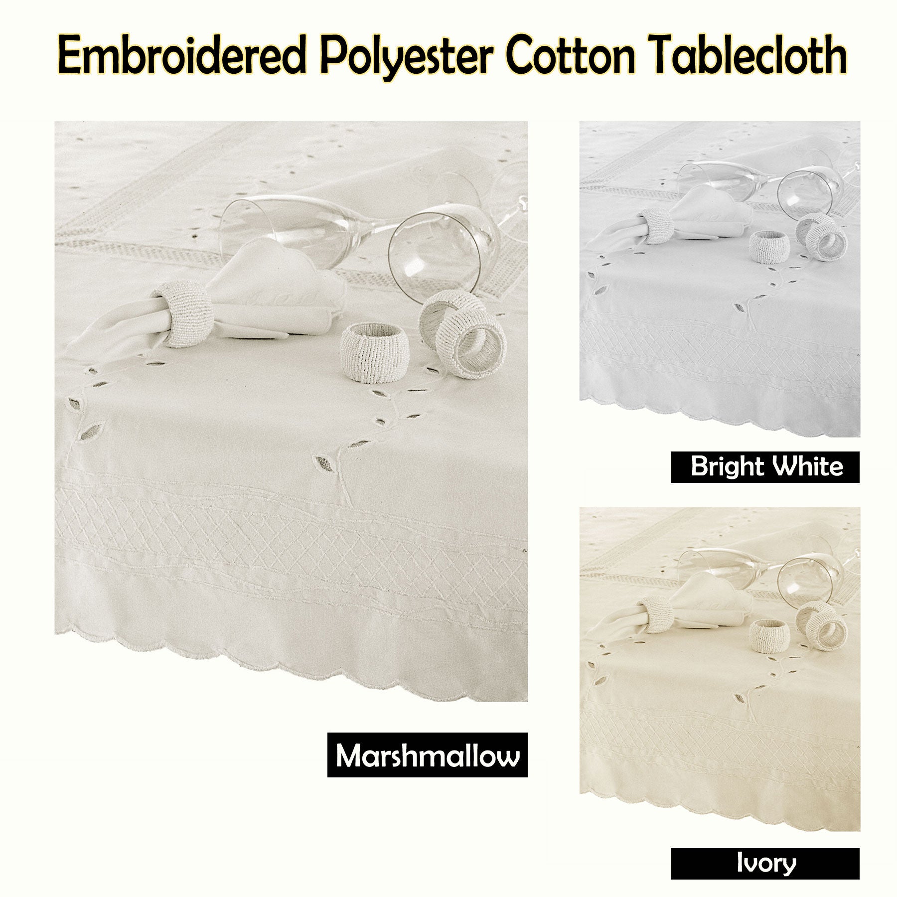 Embroidered Tablecloth - 150x225cm Oblong BRIGHT WHITE V442-GNA-TABLEC-CHERRA-225-WHITE